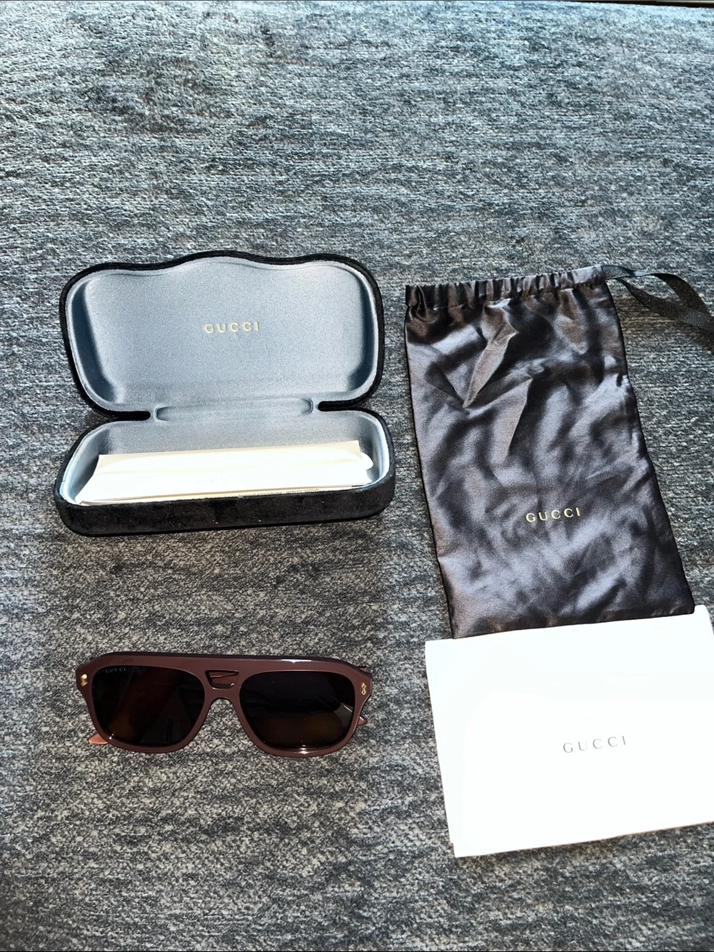 Gucci Women’s Brown Frame Sunglasses with Black Lenses and Gold Accents